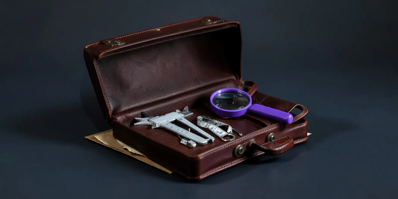 Maletín de cuero marrón abierto con instrumentos de medida y una lupa de montura violeta Maletín de cuero marrón abierto con instrumentos de medida y una lupa de montura violeta