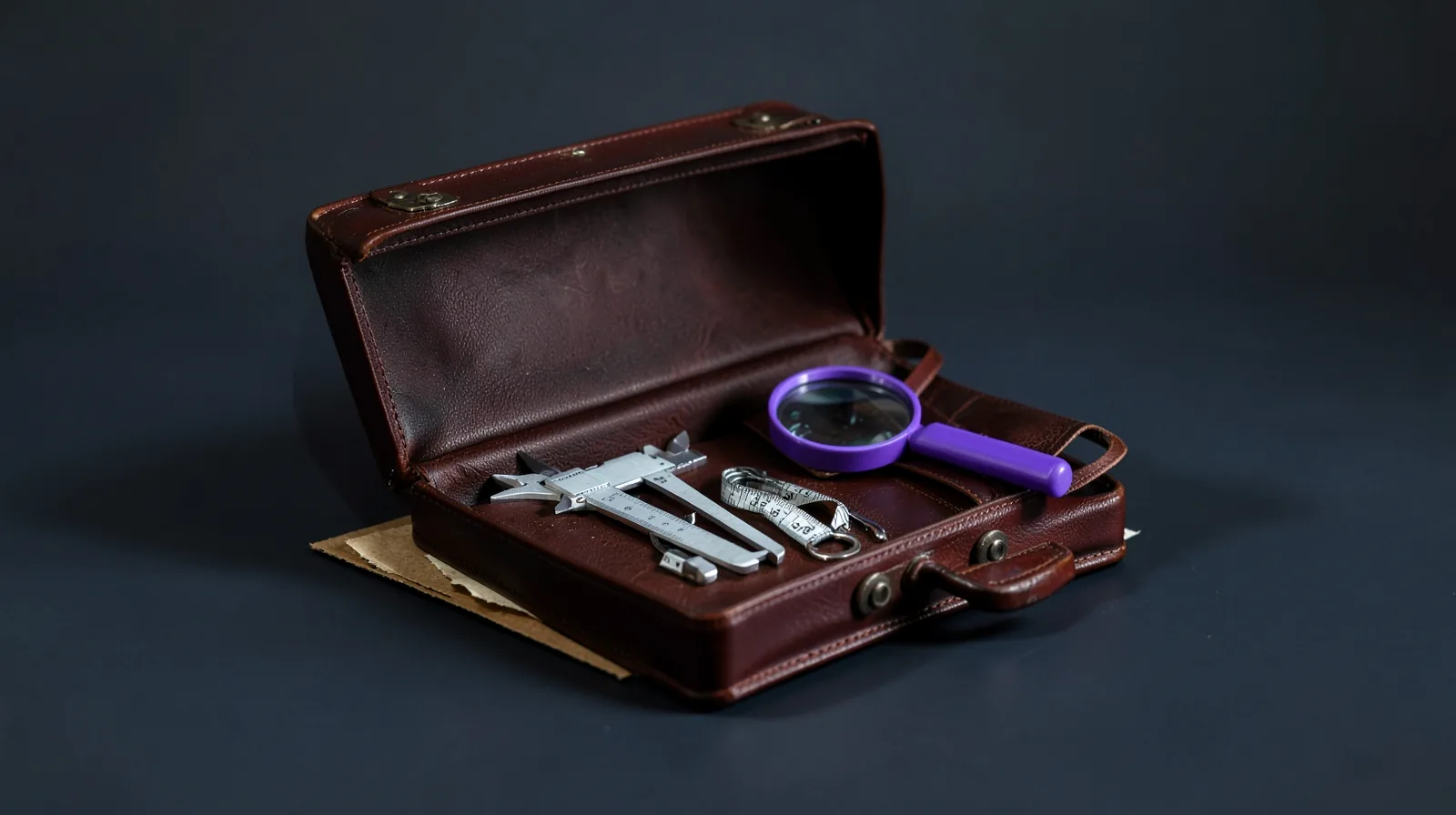 Maletín de cuero marrón abierto con instrumentos de medida y una lupa de montura violeta