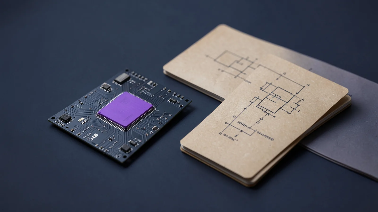 Placa de circuito con un chip violeta junto a un cuaderno kraft abierto con un esquema de cajas a lápiz