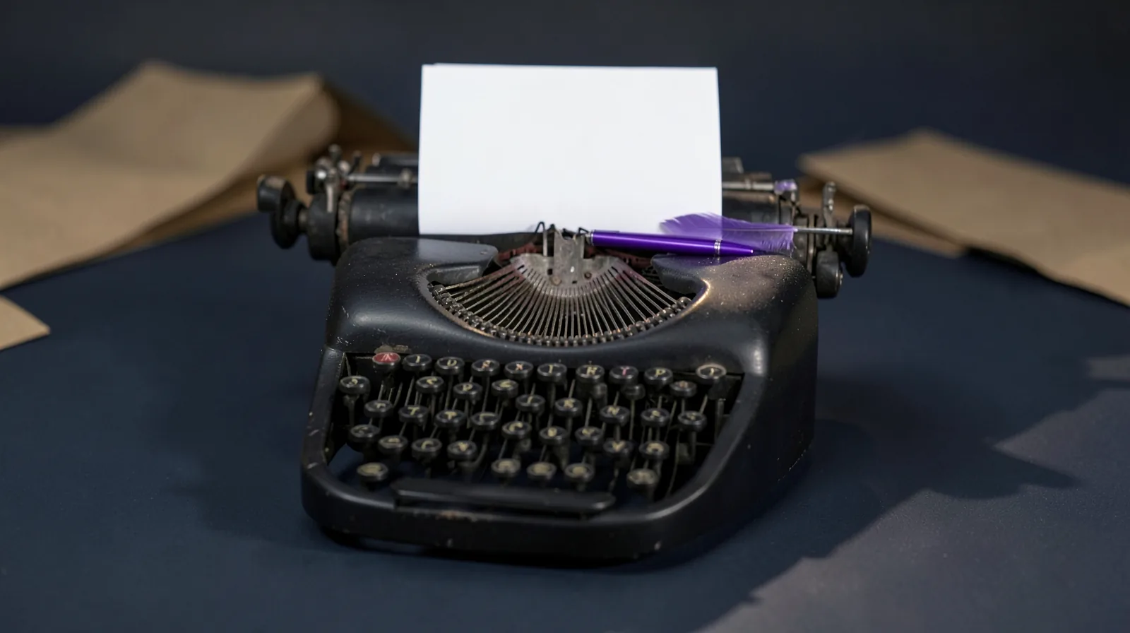 Máquina de escribir antigua de metal negro con una hoja en blanco y una pluma violeta sobre las teclas