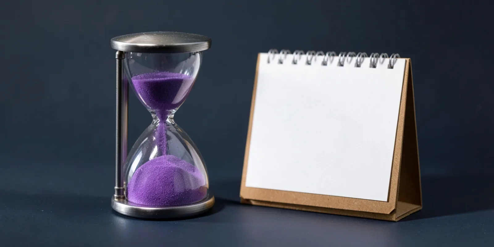 Reloj de arena con arena violeta junto a un calendario de sobremesa con las hojas en blanco Reloj de arena con arena violeta junto a un calendario de sobremesa con las hojas en blanco