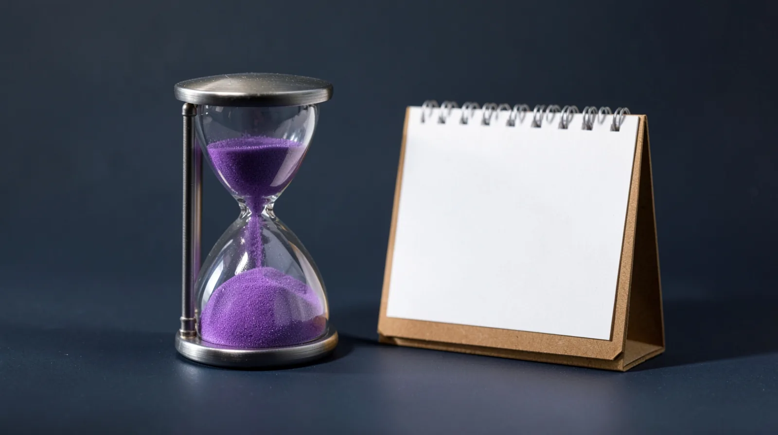 Reloj de arena con arena violeta junto a un calendario de sobremesa con las hojas en blanco
