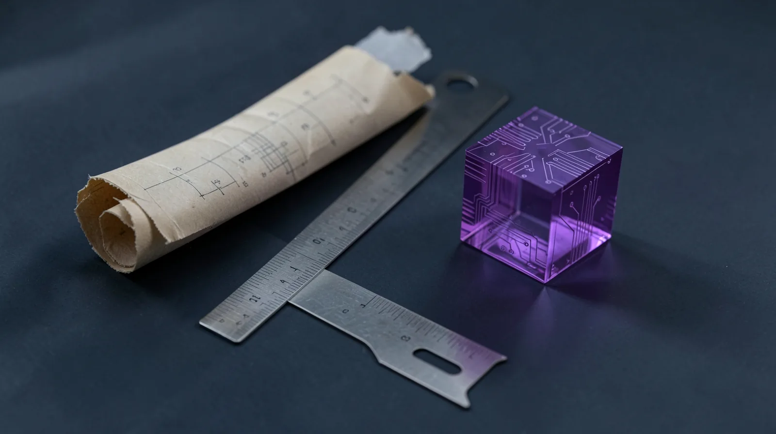 Planos de papel enrollados, una regla metálica y un cubo de metacrilato violeta con pistas de circuito grabadas