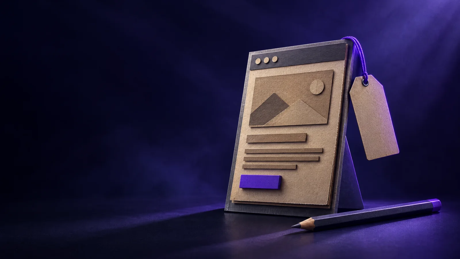 Maqueta de cartón kraft de una página web con un botón violeta y una etiqueta de precio en blanco atada con cordel
