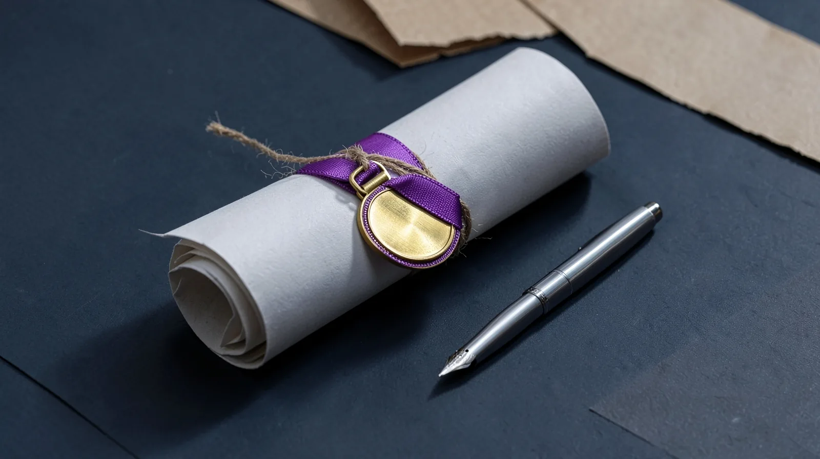 Diploma enrollado y atado con cordel, con una medalla dorada de cinta violeta y una pluma estilográfica al lado