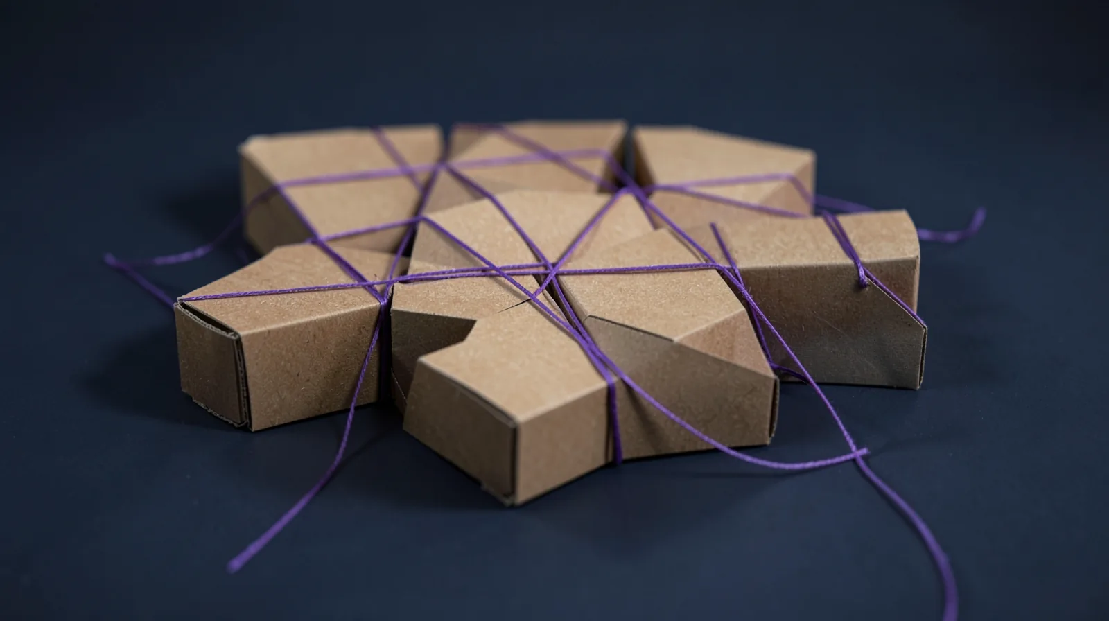 Cajas de cartón kraft agrupadas sobre la mesa y unidas entre sí por hilos violetas tensos