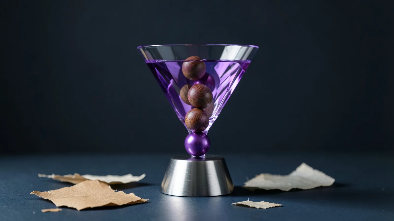 Embudo de cristal sobre un soporte metálico con bolitas de madera que bajan y salen convertidas en violeta
