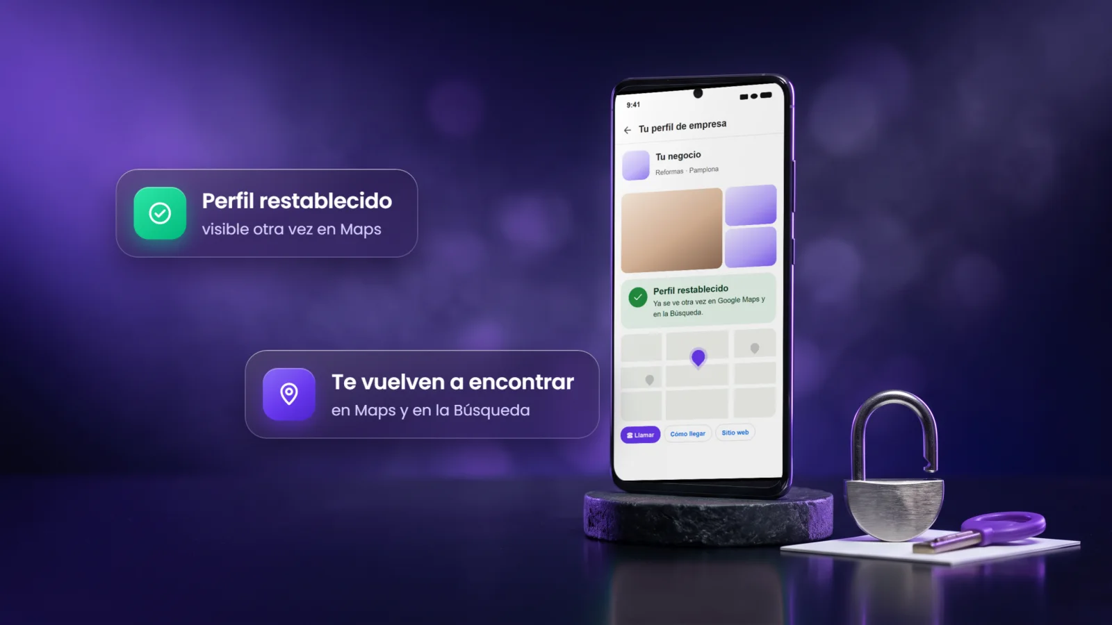 Móvil con el aviso de perfil de Google restablecido y visible otra vez en Maps, junto a un candado abierto