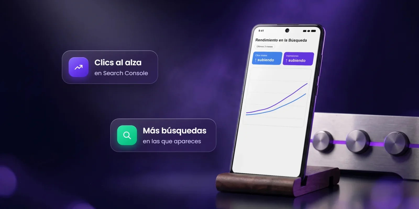 Móvil con el informe de rendimiento de Search Console y la línea de clics que sube, junto a tres diales Móvil con el informe de rendimiento de Search Console y la línea de clics que sube, junto a tres diales