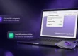Portátil con el candado de conexión segura HTTPS en la barra del navegador, junto a un escudo metálico con un candado violeta
