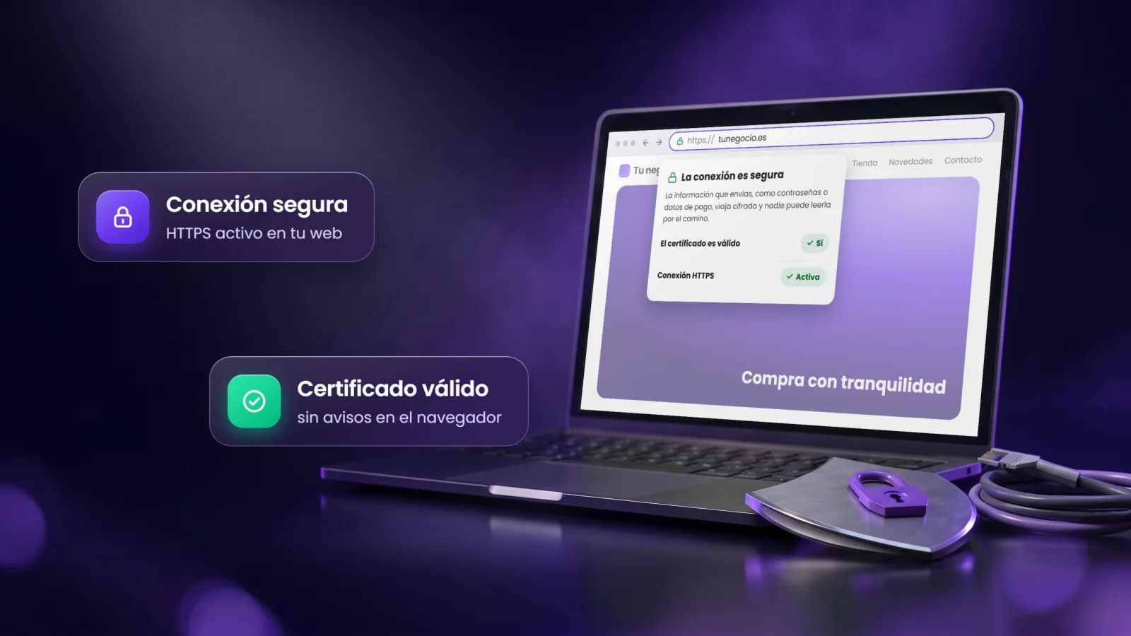 Portátil con el candado de conexión segura HTTPS en la barra del navegador, junto a un escudo metálico con un candado violeta