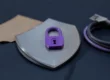 Escudo de metal cepillado con un candado violeta en el centro y un cable de red enrollado al lado