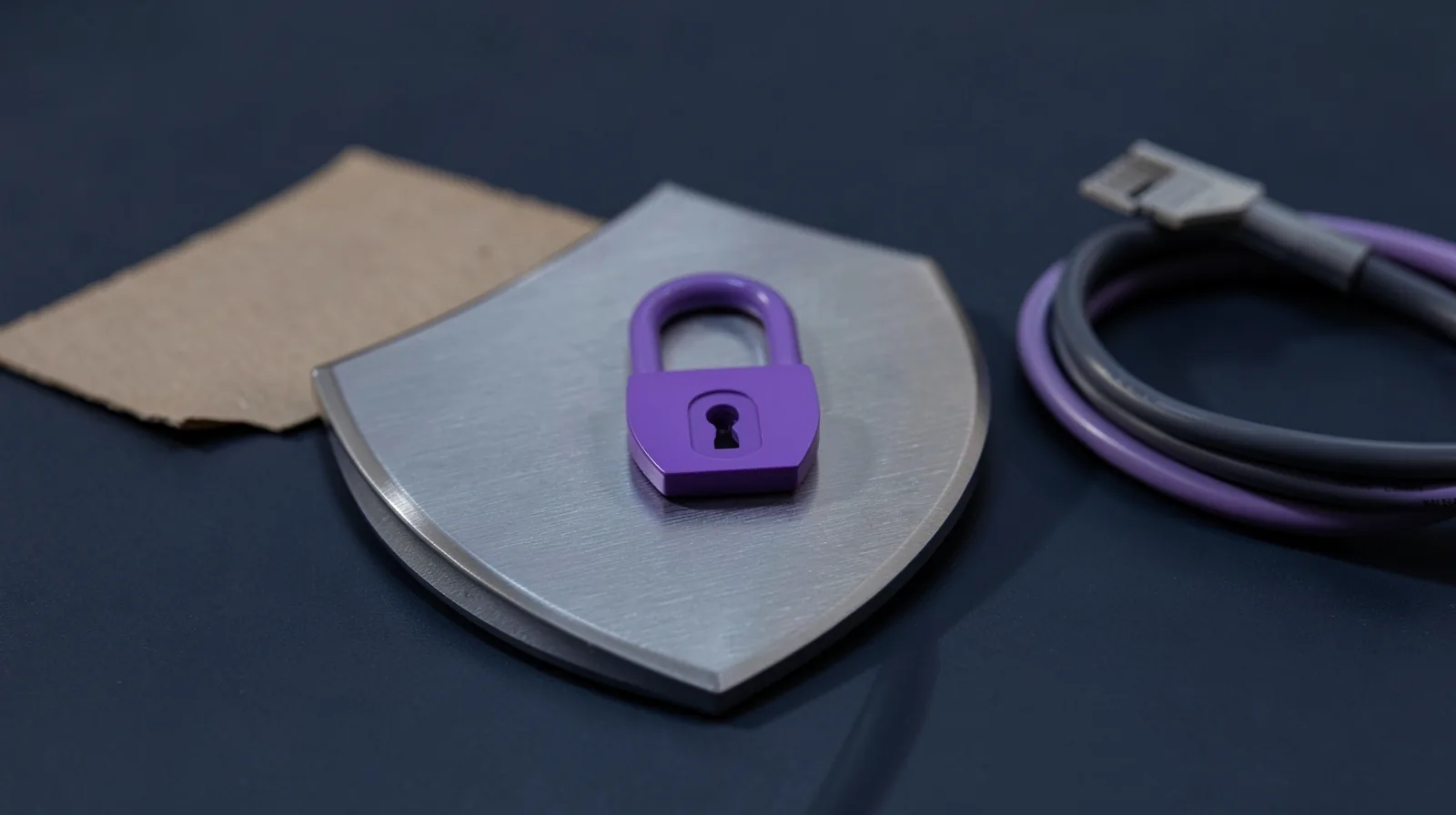 Escudo de metal cepillado con un candado violeta en el centro y un cable de red enrollado al lado