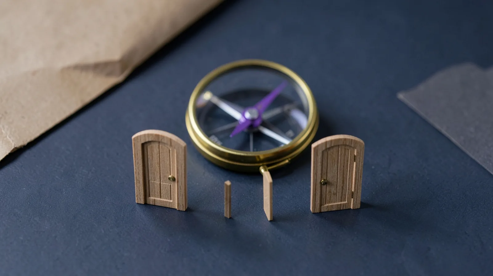 Brújula de latón abierta con la aguja violeta entre dos puertas de madera en miniatura