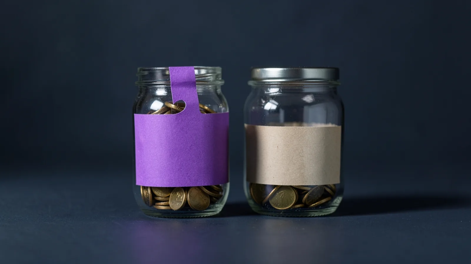 Dos tarros de cristal con monedas, uno con una etiqueta violeta y otro con una etiqueta kraft en blanco
