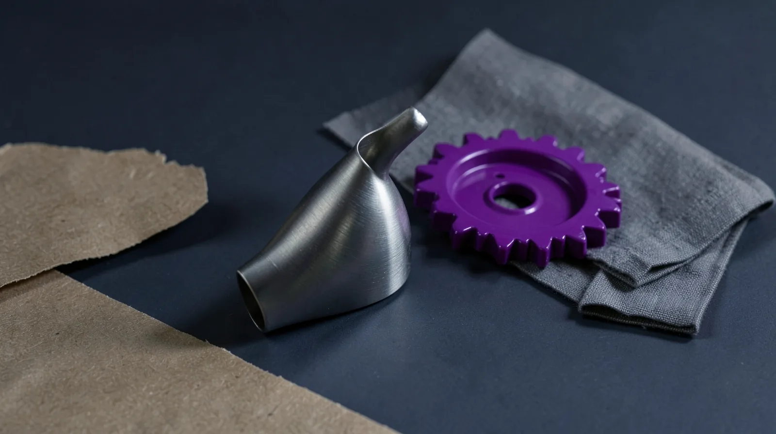 Aceitera de metal de pico largo junto a un engranaje violeta brillante sobre un paño gris