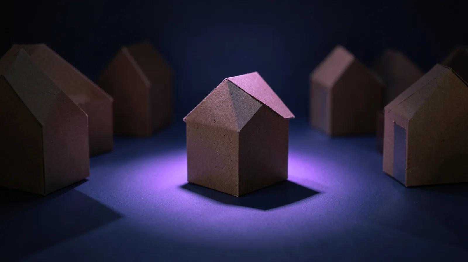 Casita de cartón iluminada en violeta en primer plano entre varias casitas iguales que quedan en penumbra