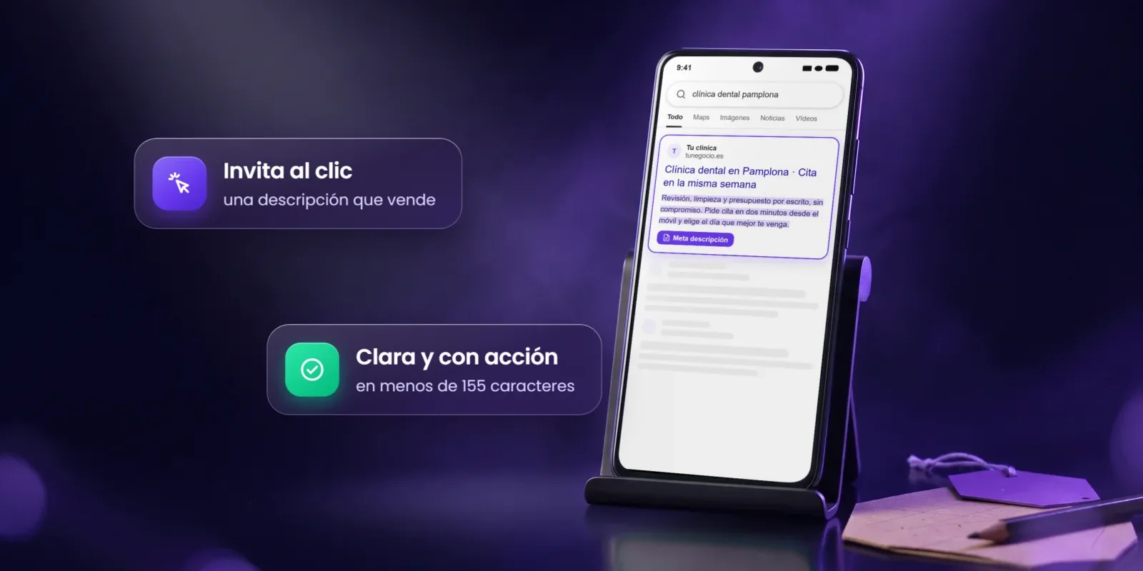 Móvil con un resultado de Google cuya meta descripción invita al clic, junto a una ficha con una etiqueta violeta Móvil con un resultado de Google cuya meta descripción invita al clic, junto a una ficha con una etiqueta violeta
