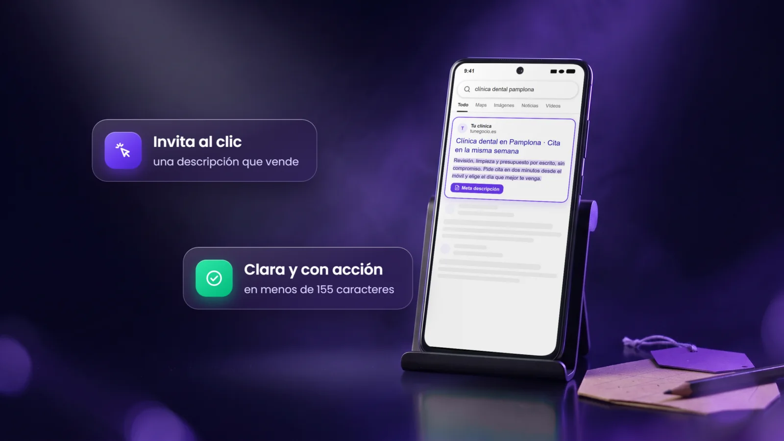 Móvil con un resultado de Google cuya meta descripción invita al clic, junto a una ficha con una etiqueta violeta