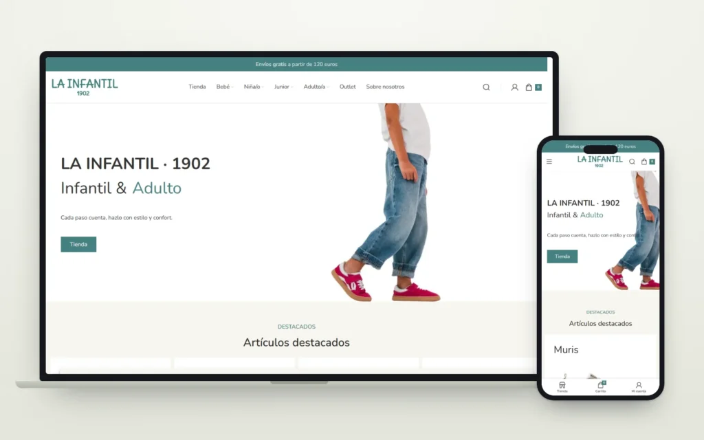 Tienda online de La Infantil, «Infantil & Adulto» desde 1902, con unos vaqueros y zapatillas rojas en la portada