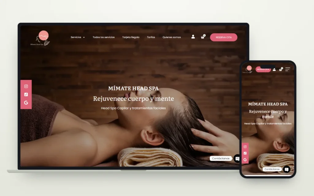 Web de Mímate Head Spa con un masaje capilar en la portada y el lema «Rejuvenece cuerpo y mente»