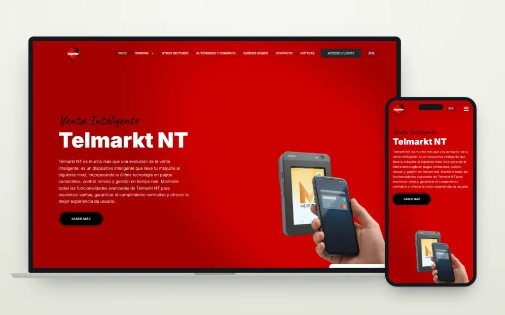 Web de Muxunav con el lector de pagos Telmarkt NT en la portada, vista en ordenador y en móvil