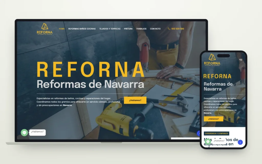 Web de Reforna, reformas en Navarra, con herramientas de obra en la portada, vista en ordenador y en móvil