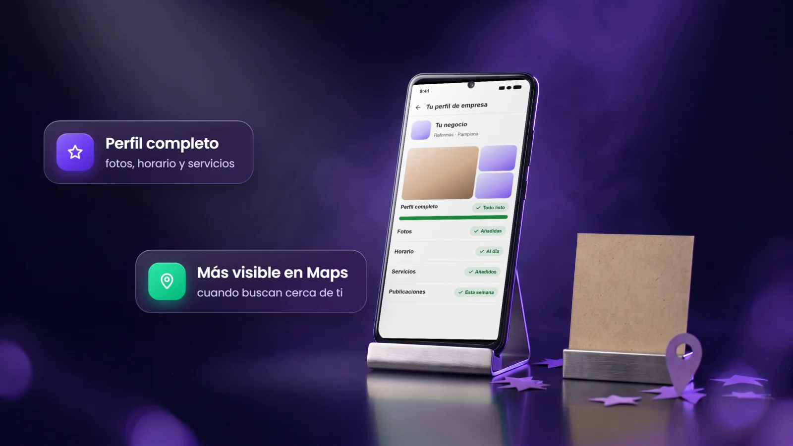 Móvil con una ficha de Google Business Profile completa (fotos, horario, servicios y publicaciones), entre estrellas de papel