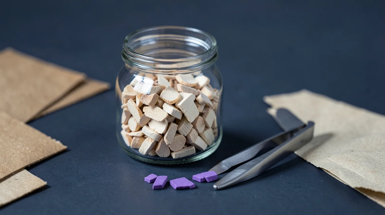 Frasco de cristal lleno de fichas de madera con unas pocas fichas violetas ya separadas junto a unas pinzas