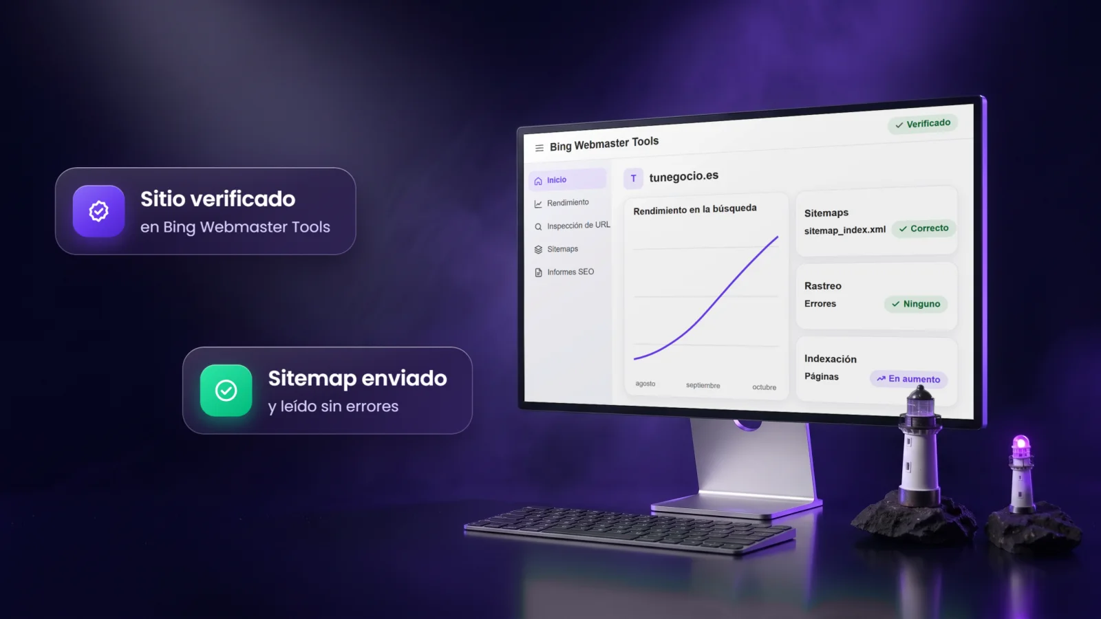 Monitor con Bing Webmaster Tools, el sitio verificado y el sitemap enviado, junto a dos faros en miniatura