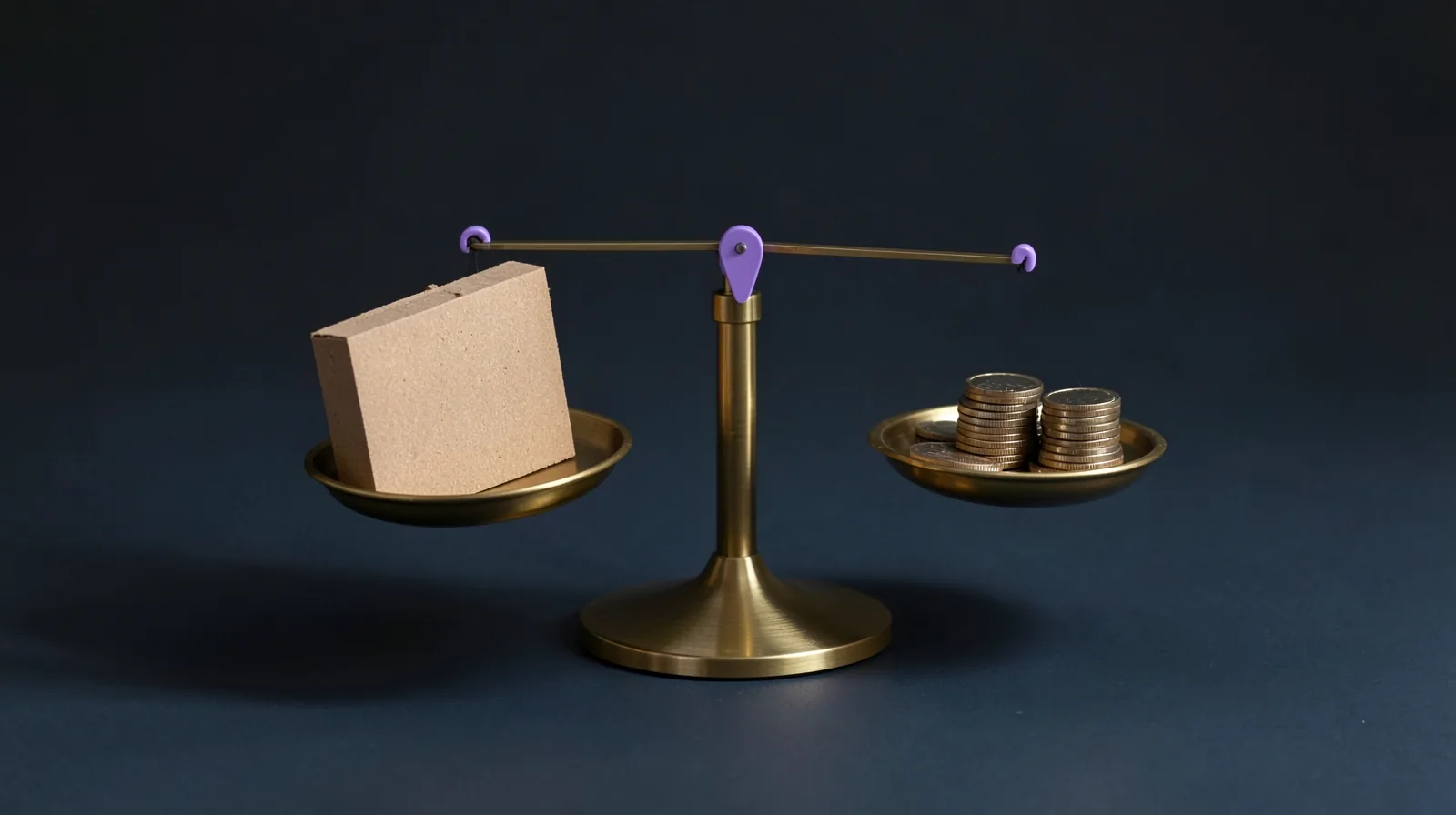 Balanza de latón con un bloque de cartón kraft frente a dos pilas de monedas, con el fiel violeta