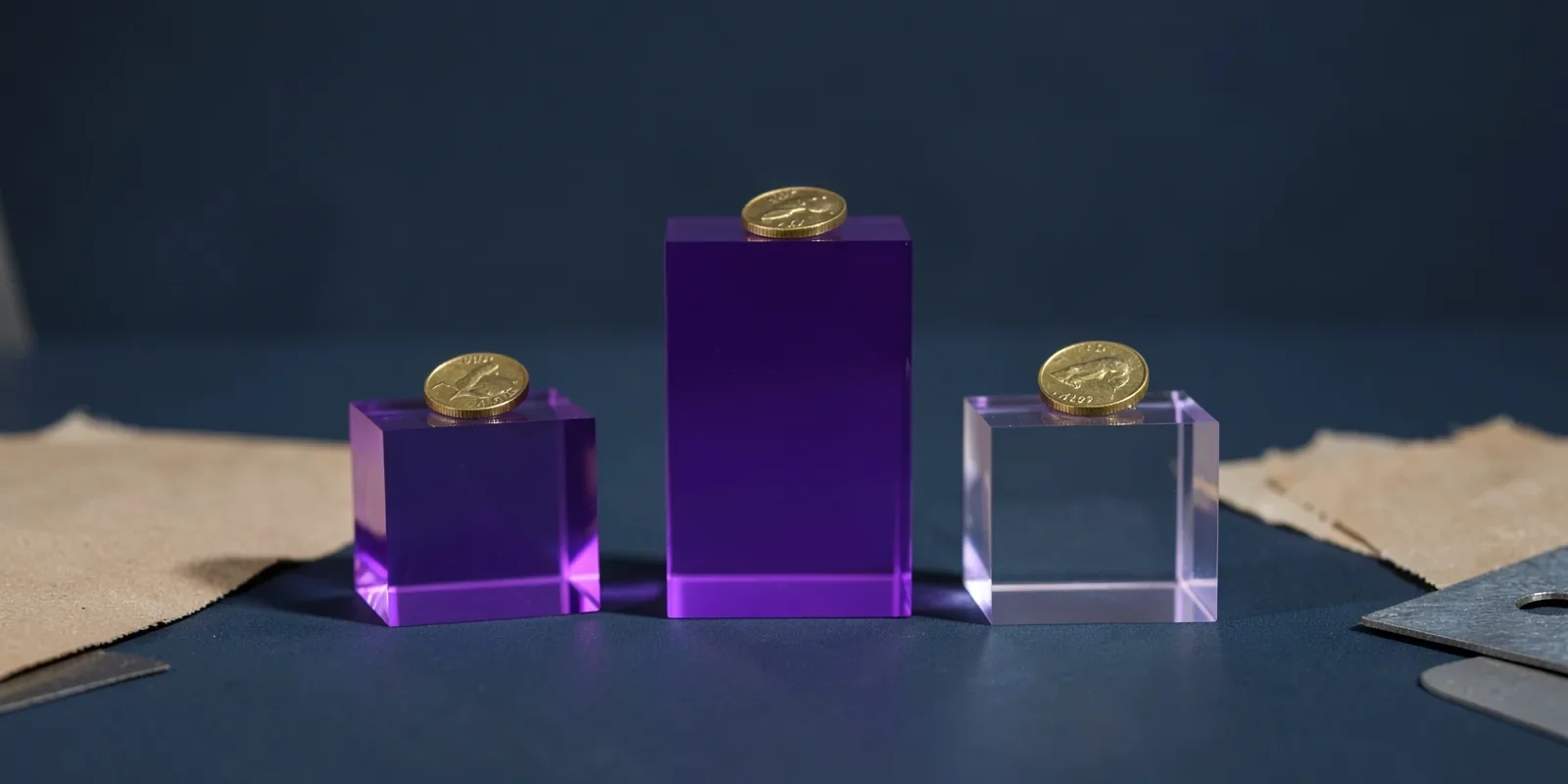 Tres bloques de metacrilato de alturas distintas, el central violeta y más alto, con una moneda encima de cada uno