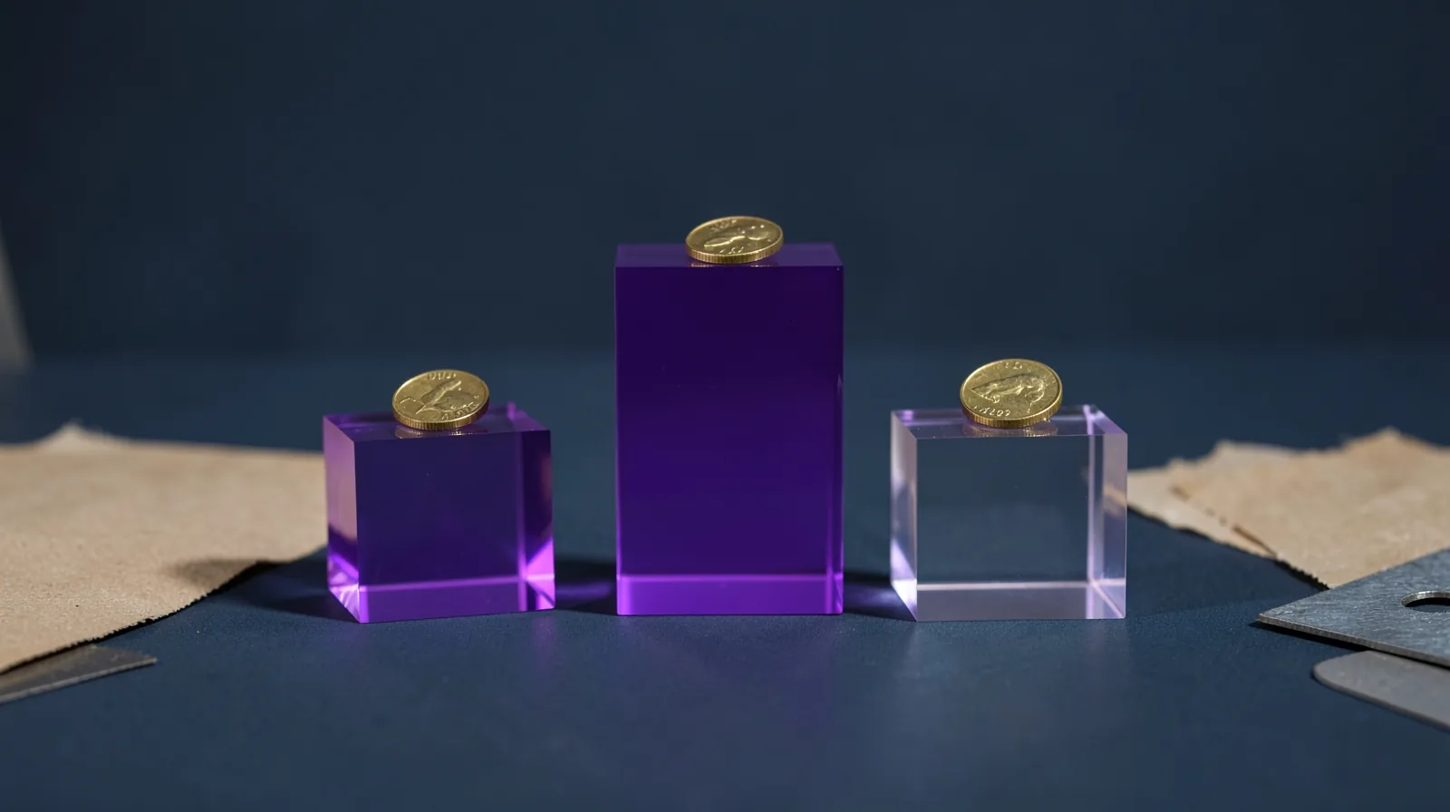 Tres bloques de metacrilato de alturas distintas, el central violeta y más alto, con una moneda encima de cada uno