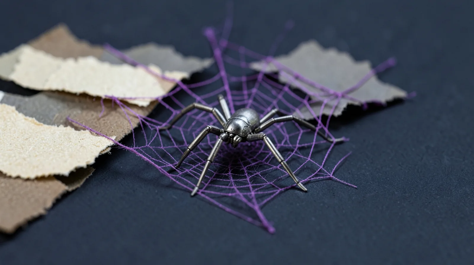 Araña metálica en miniatura sobre una telaraña de hilo violeta tendida entre trozos de papel crudo
