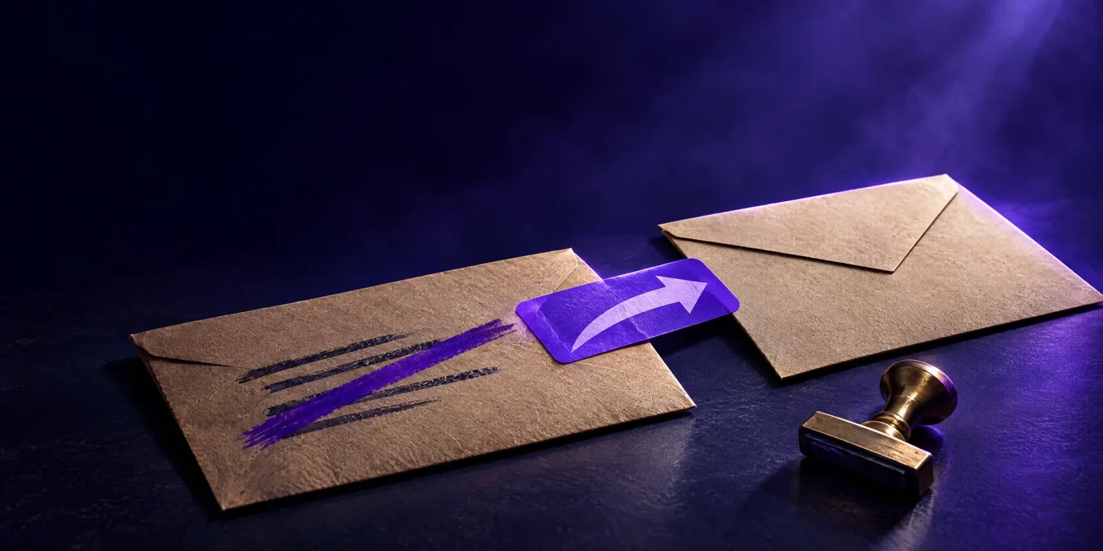 Sobre kraft con la dirección antigua tachada y una etiqueta violeta de reenvío con una flecha, como una redirección 301 Sobre kraft con la dirección antigua tachada y una etiqueta violeta de reenvío con una flecha, como una redirección 301