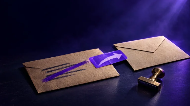 Sobre kraft con la dirección antigua tachada y una etiqueta violeta de reenvío con una flecha, como una redirección 301