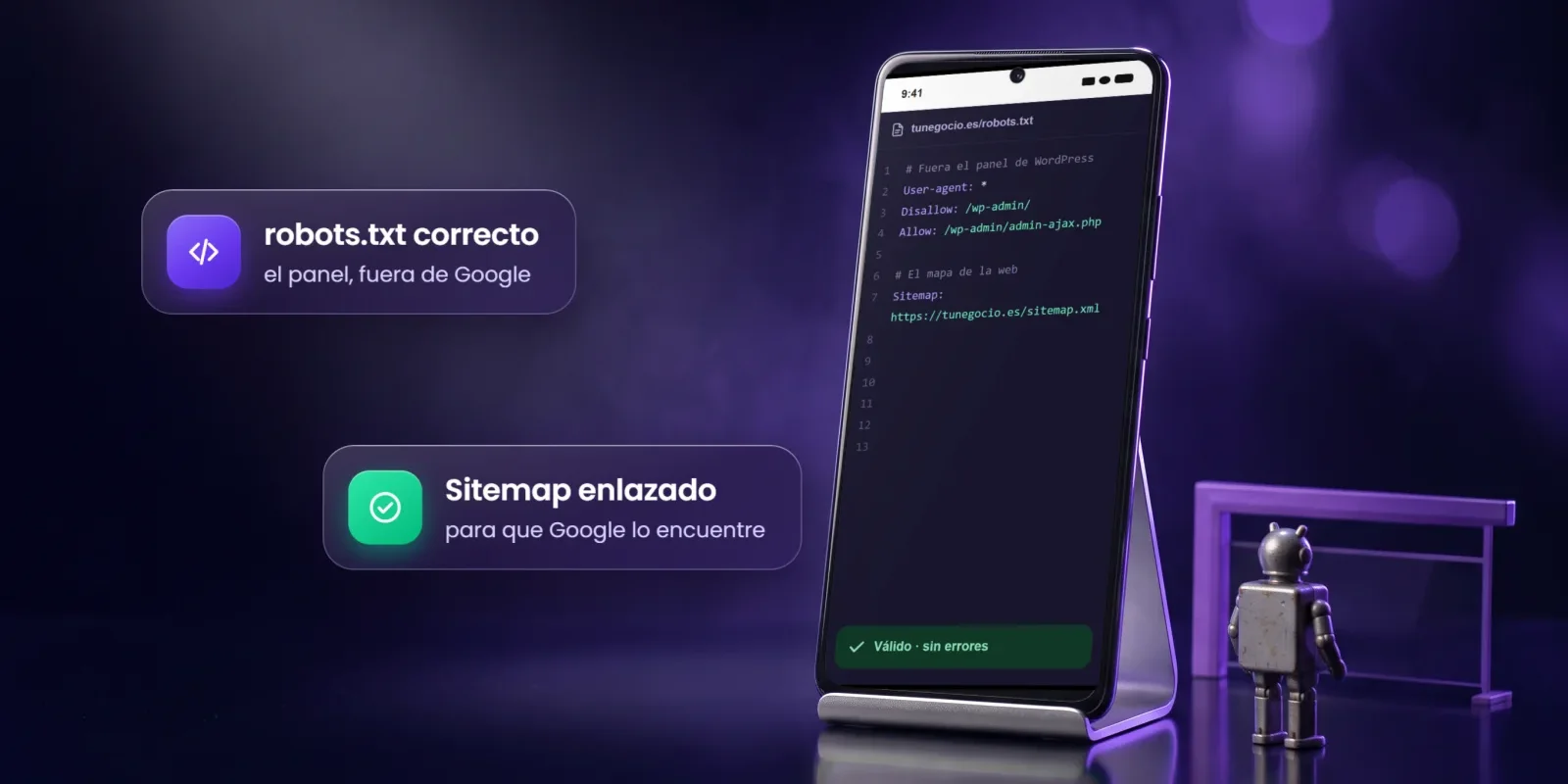 Móvil con un robots.txt que bloquea el panel de WordPress y enlaza el sitemap, junto a un robot ante una barrera Móvil con un robots.txt que bloquea el panel de WordPress y enlaza el sitemap, junto a un robot ante una barrera
