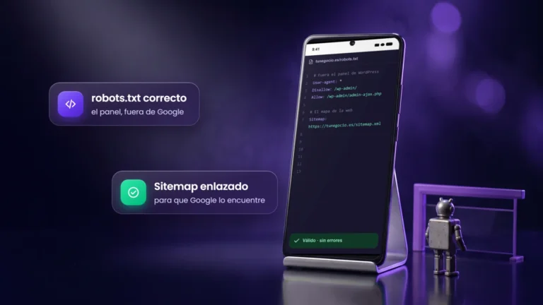 Móvil con un robots.txt que bloquea el panel de WordPress y enlaza el sitemap, junto a un robot ante una barrera