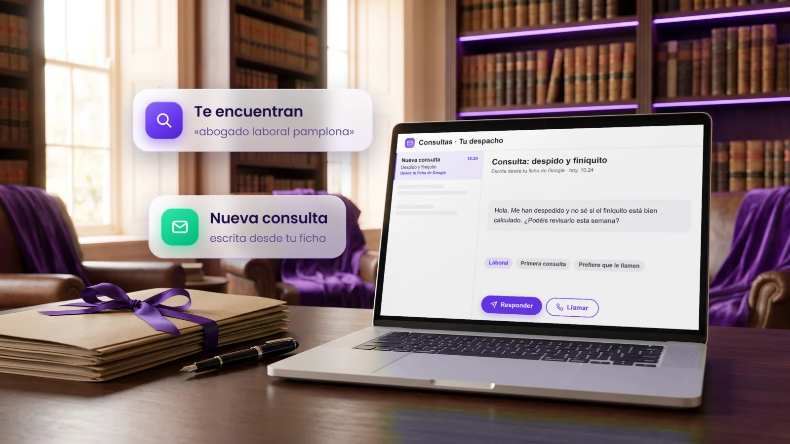 Portátil en un despacho de abogados con una consulta nueva desde Google, junto a expedientes con cinta violeta y una pluma