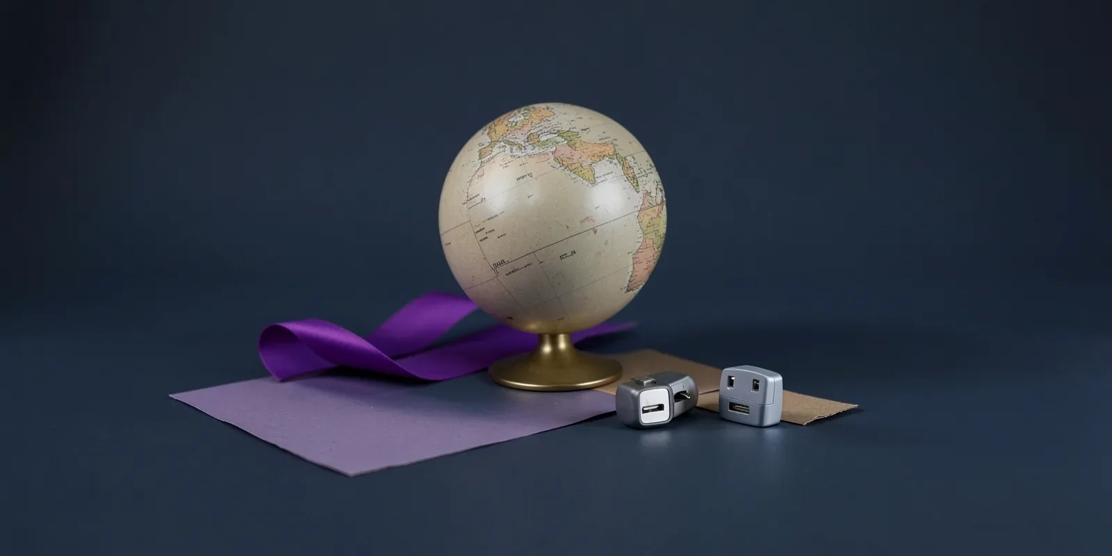 Globo terráqueo de mesa con una cinta violeta a su lado y dos adaptadores de enchufe de viaje Globo terráqueo de mesa con una cinta violeta a su lado y dos adaptadores de enchufe de viaje