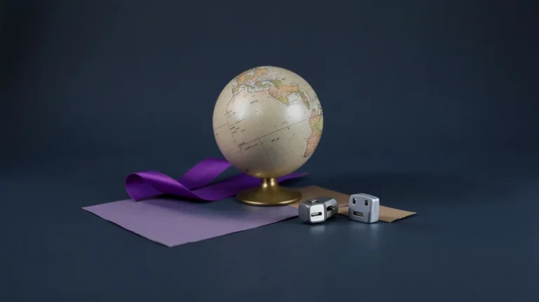 Globo terráqueo de mesa con una cinta violeta a su lado y dos adaptadores de enchufe de viaje