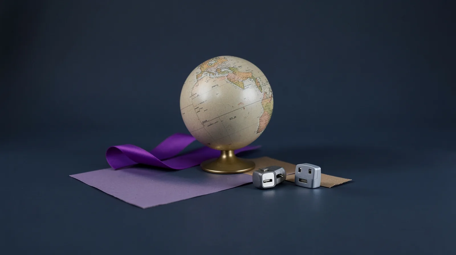 Globo terráqueo de mesa con una cinta violeta a su lado y dos adaptadores de enchufe de viaje
