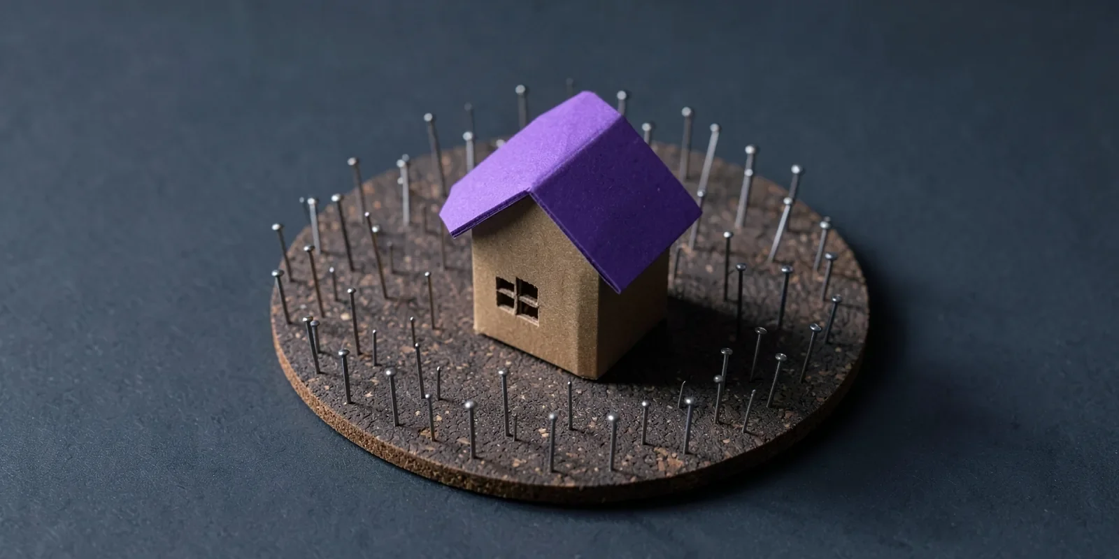 Casita de cartón con tejado violeta en el centro de un círculo de chinchetas clavadas en corcho Casita de cartón con tejado violeta en el centro de un círculo de chinchetas clavadas en corcho