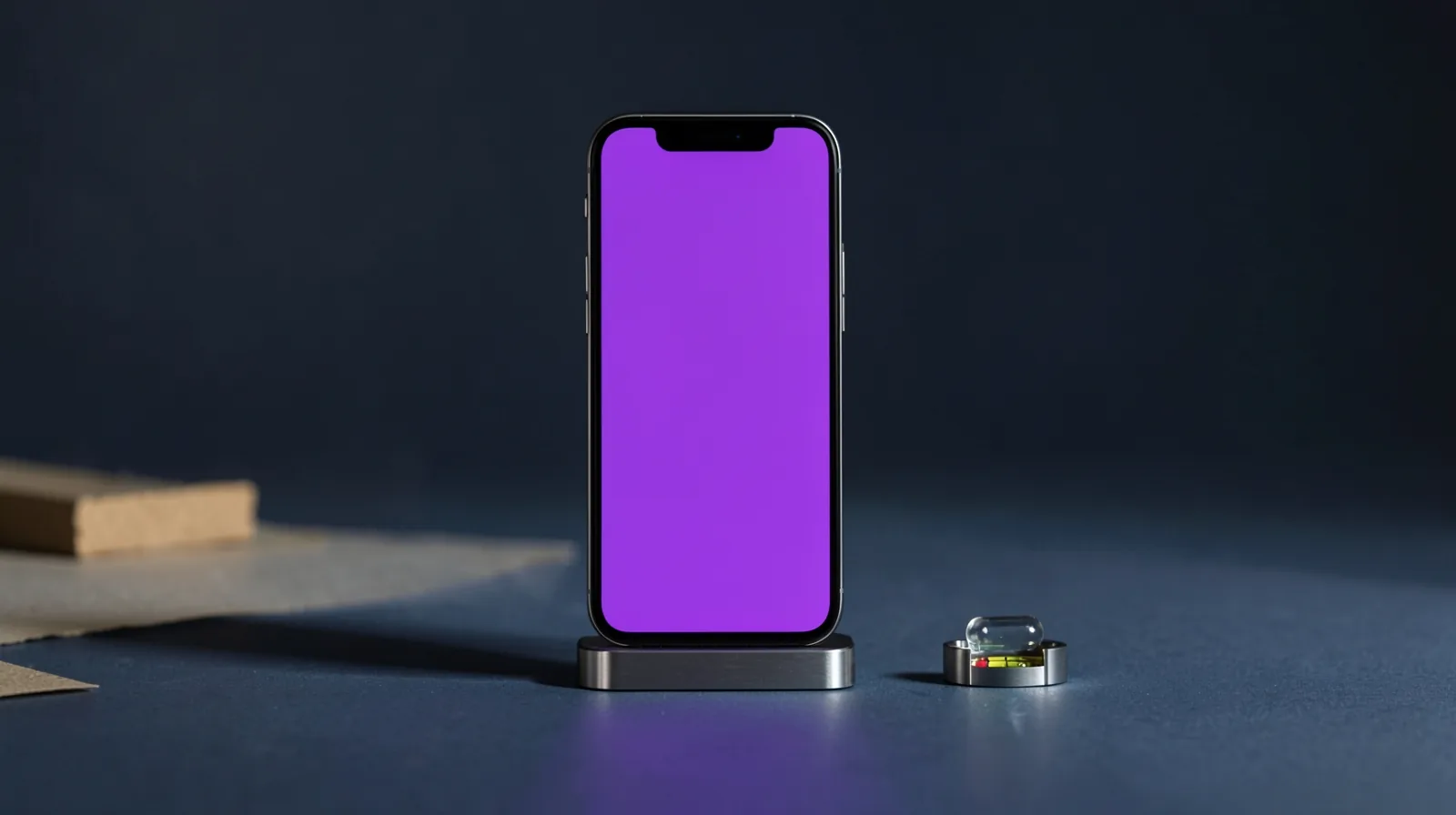 Teléfono móvil de pie sobre una peana metálica con la pantalla violeta, junto a un pequeño nivel de burbuja