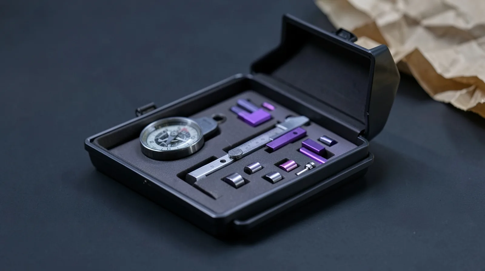 Estuche negro abierto con instrumentos de precisión y piezas violetas ordenadas en sus huecos