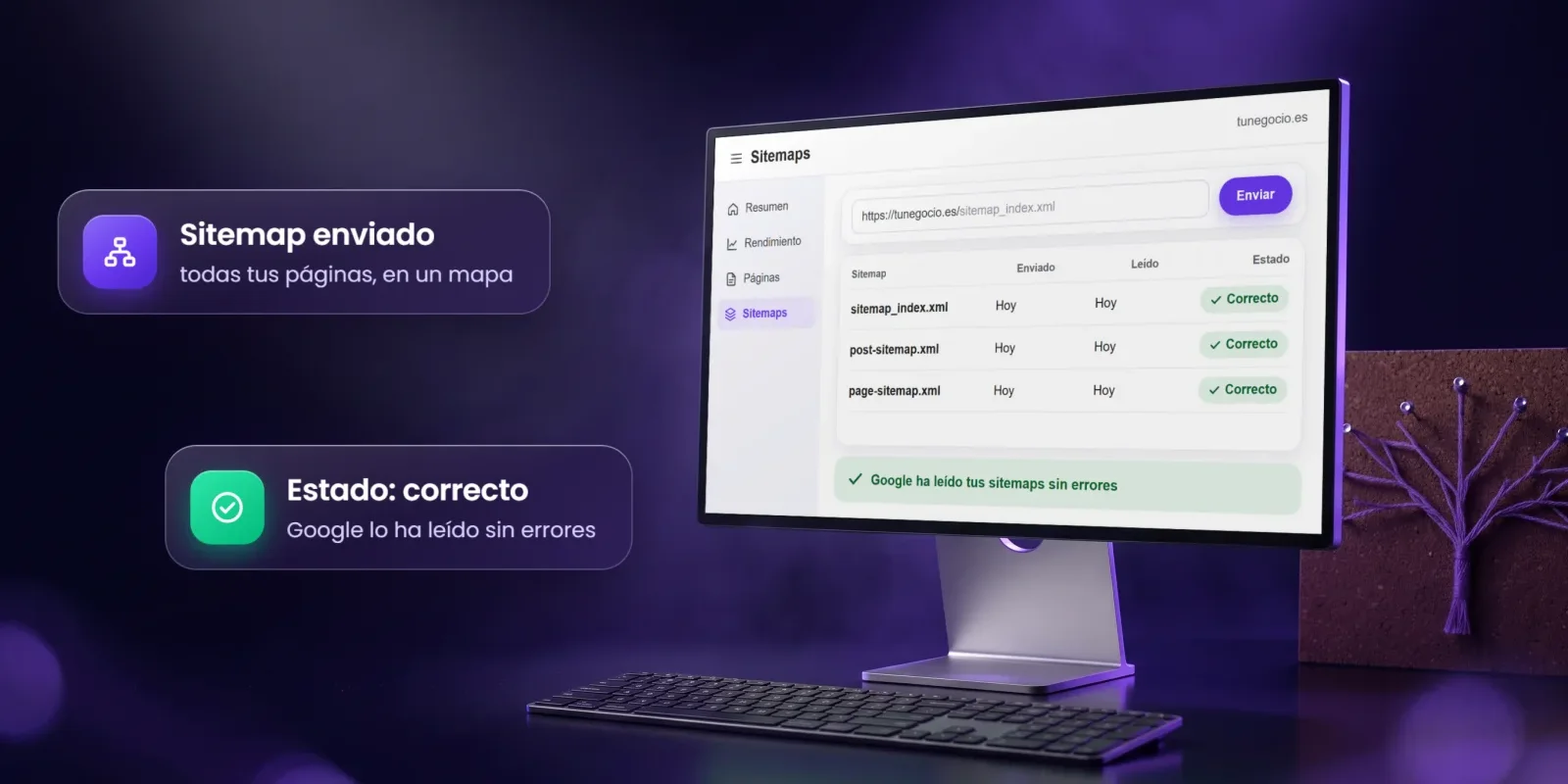 Monitor con los sitemaps XML enviados a Google en estado correcto, delante de un árbol de hilo violeta sobre corcho