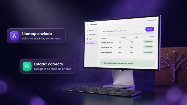Monitor con los sitemaps XML enviados a Google en estado correcto, delante de un árbol de hilo violeta sobre corcho