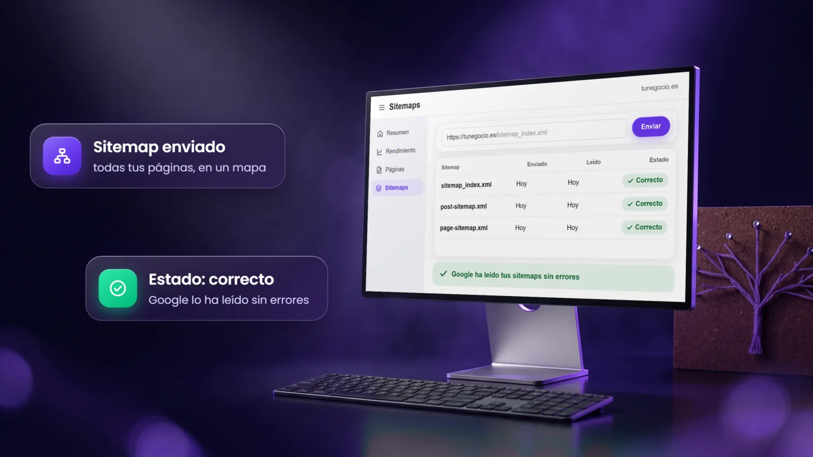 Monitor con los sitemaps XML enviados a Google en estado correcto, delante de un árbol de hilo violeta sobre corcho