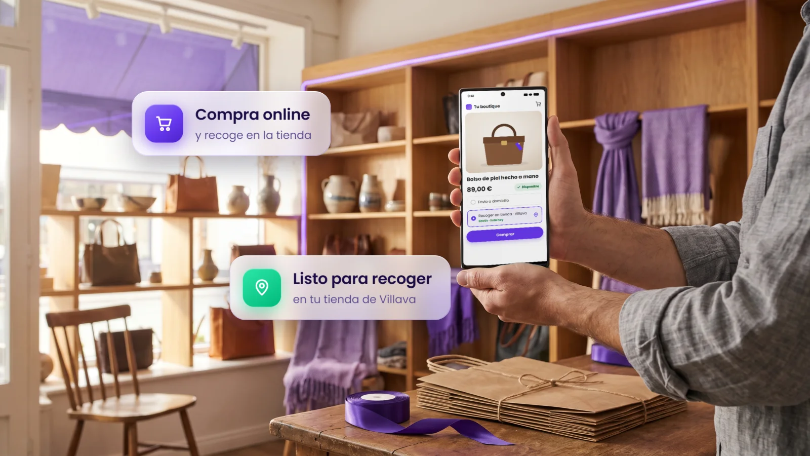 Manos con un móvil que enseña la tienda online de una boutique con recogida en tienda, en una tienda con toldo violeta