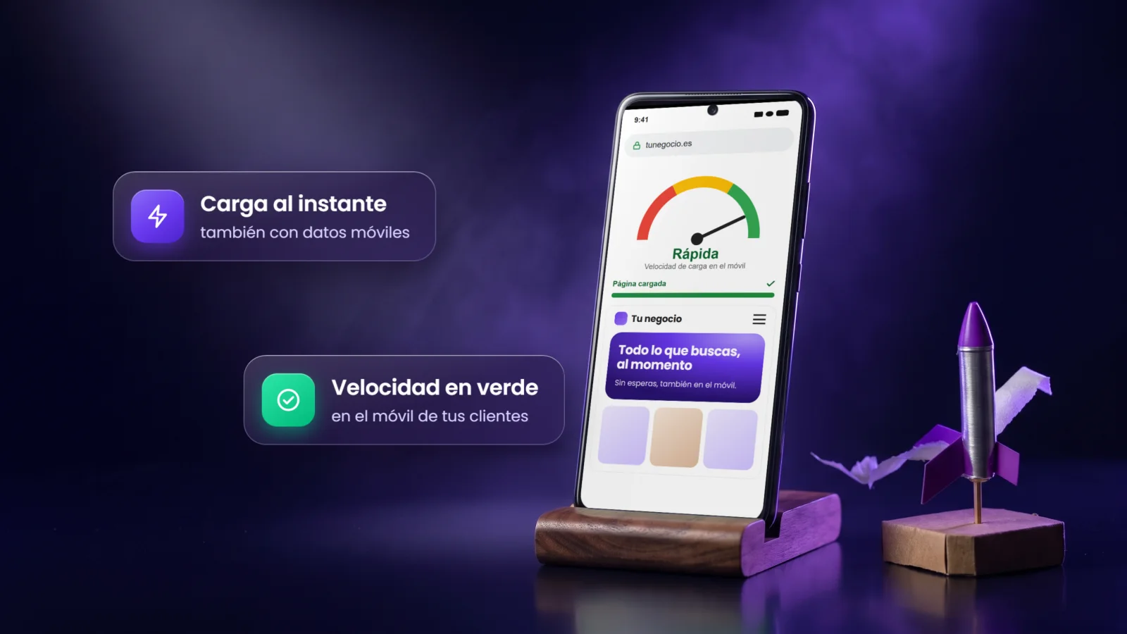 Móvil con una web que carga al instante y el indicador de velocidad en verde, junto a un cohete de hojalata violeta